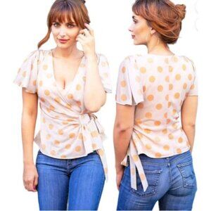Anthropologie Shimmer Polka Dot Wrap Top Size Medium Light Pink‎ & Orange NWT